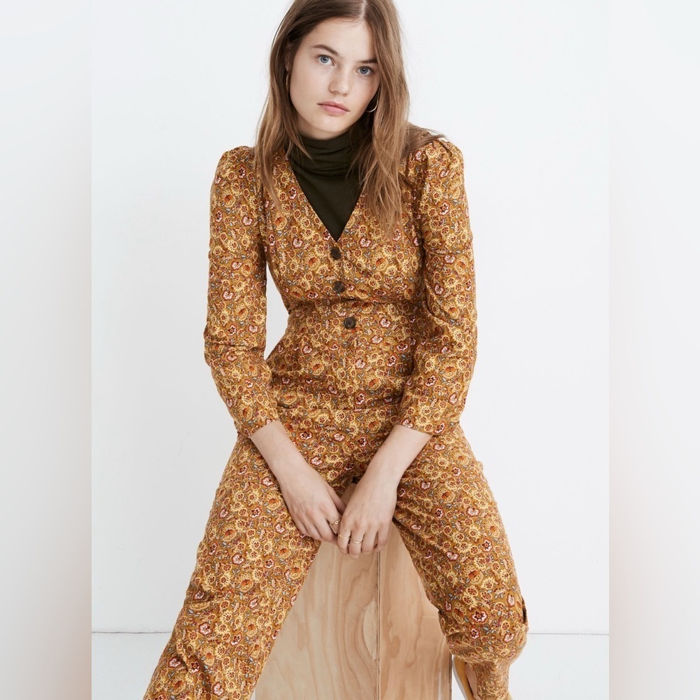 Madewell Corduroy Puff-Sleeve Jumpsuit in‎ Mumbai Floral, Size 6